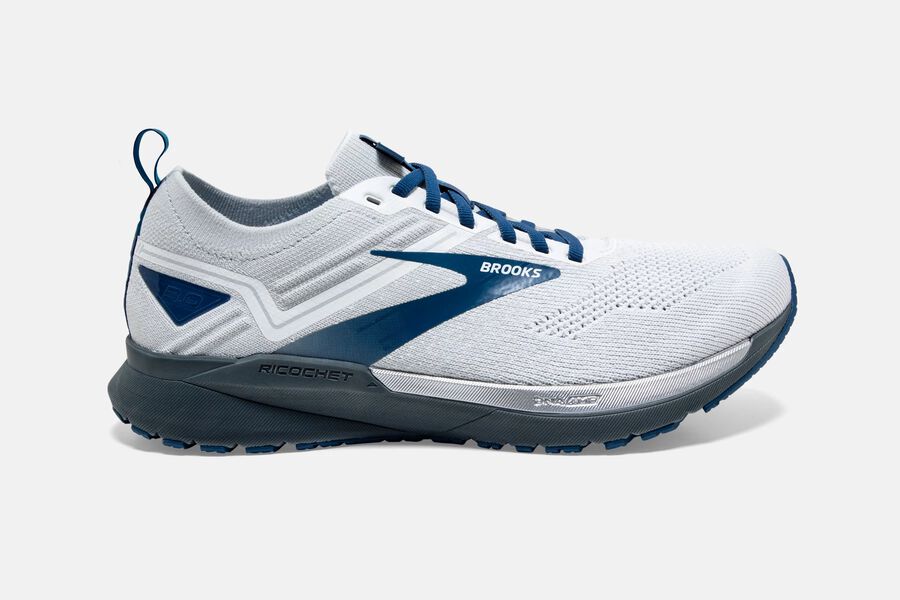 Mens Brooks Ricochet 3 Road Shoes White/Grey/Blue | 027468-OAW